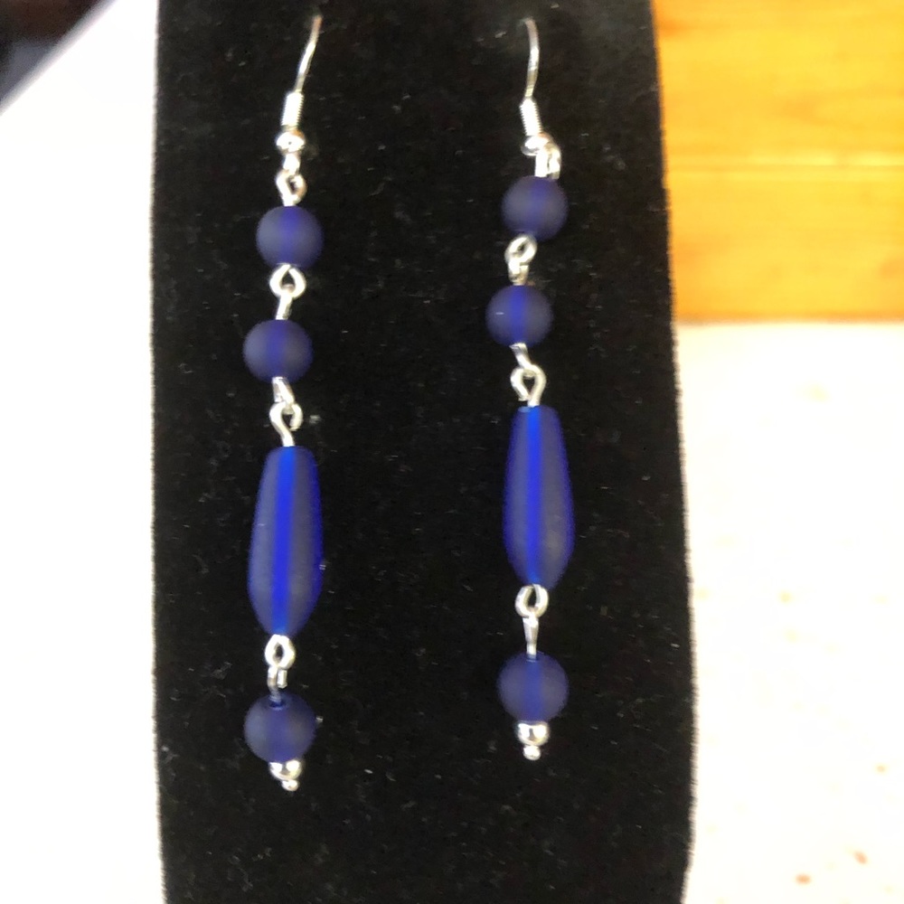 Handmade Sterling Silver - 925, Cobalt Blue Cultured Sea Glass Earrings